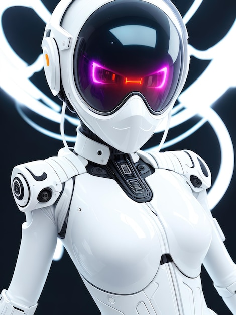 Um robô feminino com um capacete branco e luzes roxas.