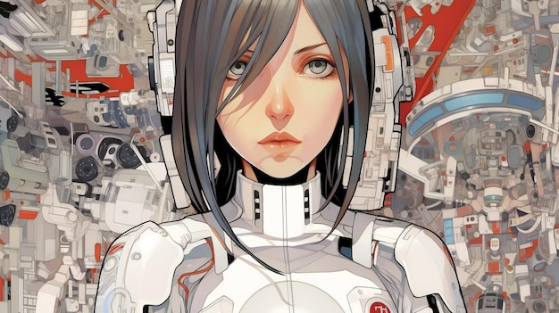 Um robô feminino em uma estação espacial futurista
