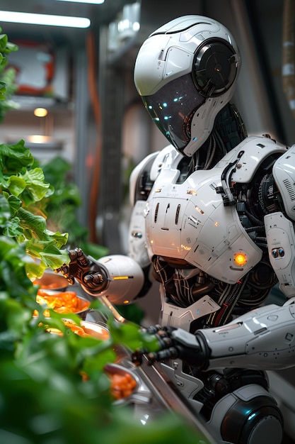 Um robô futurista trabalhando em um laboratório de pesquisa para cultivar legumes no espaço