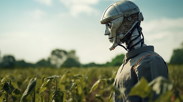 Um robô futurista trabalhando no campo como fazendeiro