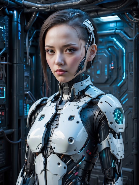 Foto um robô humanoide com desenhos intrincados e sotaques de iluminação azul em um ambiente tecnologicamente avançado