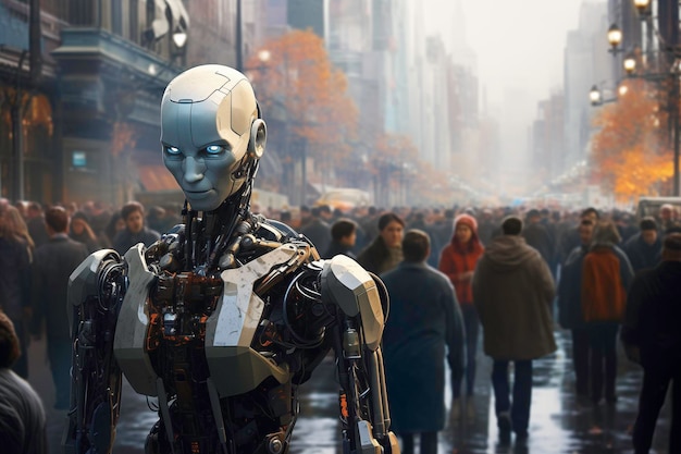 Um robô humanoide com inteligência artificial está entre os pedestres em uma rua movimentada da cidade