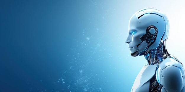 Um robô humanoide em um fundo azul Banner lugar para texto