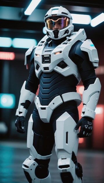 Um robô humanóide futurista de terno branco