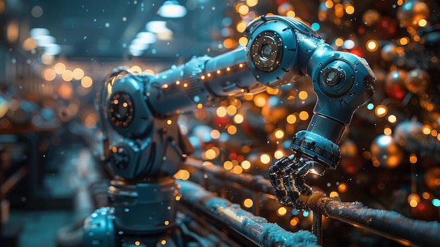 Um robô industrial decora uma árvore de Natal virtual no estilo da tecnologia moderna Um robô industriais decora uma Árvore de Nadal virtual em uma fábrica em um cartão das férias de Natal