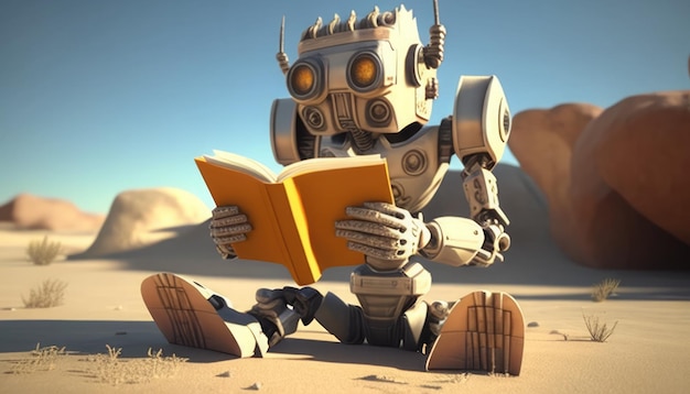 Um robô lendo um livro no deserto.