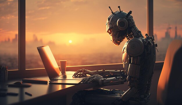 Um robô moderno sentado em um escritório e trabalhando em um laptop durante o pôr do sol