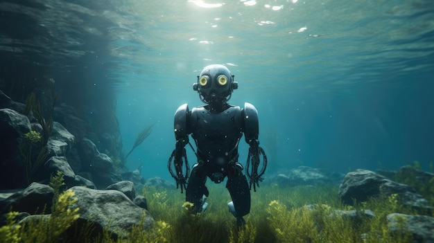 Um robô na água com a palavra robô nele