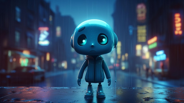 Um robô na chuva com uma placa que diz robô nele
