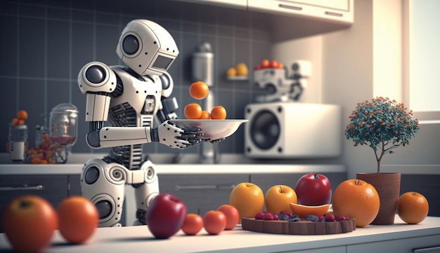 Um robô na cozinha faz suco de frutas IA generativa