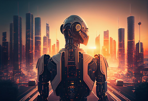 Um robô olhando para uma paisagem urbana com o título de robô parado no meio.