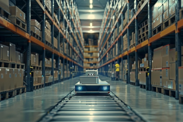 Um robô para o transporte de mercadorias está em um armazém com uma luz azul nele