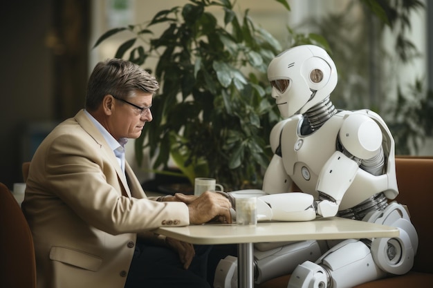 Um robô se encontra com um humano na mesa do escritório