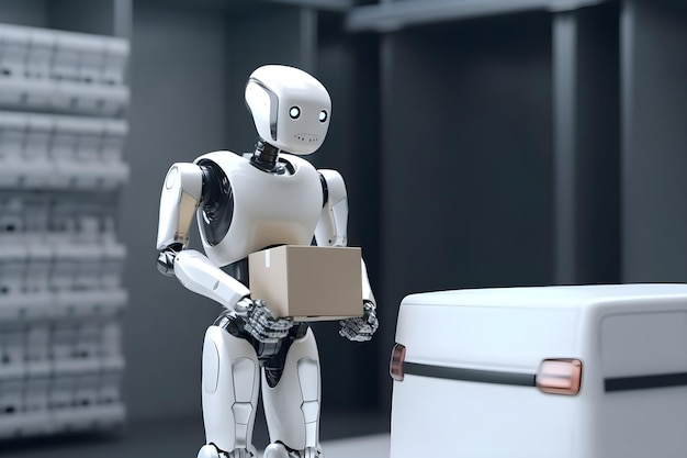 Um robô segurando uma caixa com a palavra robô nela