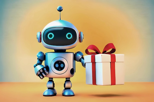 Um robô segurando uma caixa de presente com uma fita vermelha.