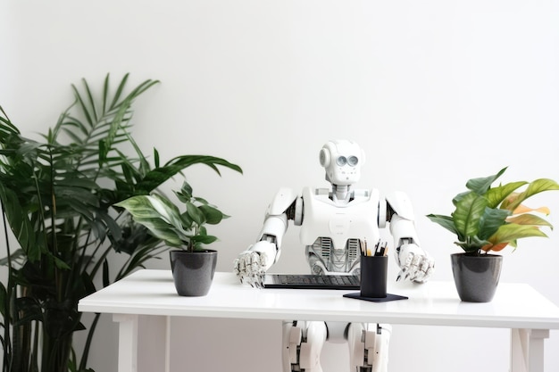 Um robô sentado em uma mesa com um teclado e plantas ao fundo.