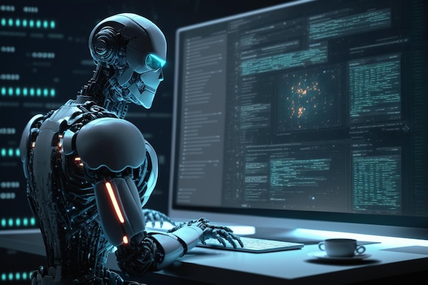 Um robô trabalhando em um computador com a palavra robô na tela