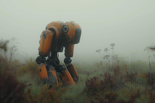 Um robô triste e solitário num campo, no nevoeiro, num mundo apocalíptico devastado do futuro.