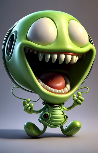 Um robô verde com um olho grande e um grande sorriso no rosto.