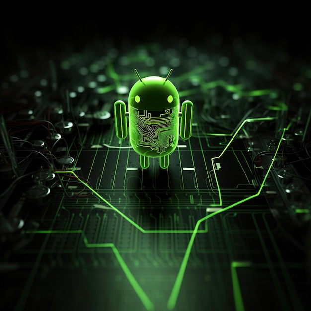 Um robô verde está em uma placa de circuito com linhas verdes