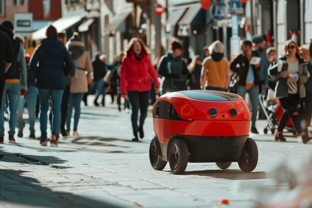 Um robô vermelho de entrega automática de comida conduz por uma rua da cidade à noite