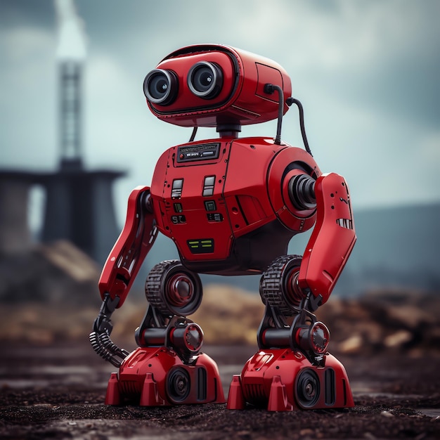 Foto um robô vermelho de pé na sujeira