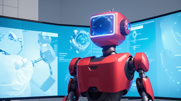Um robô vermelho exclusivo em pé na frente de dois monitores AI Generative