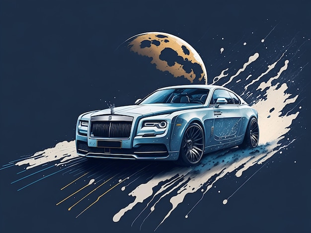 Um roll royce gráfico no fundo da lua com aquarela splash