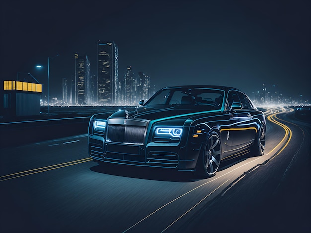 Um Rolls Royce preto está dirigindo em uma estrada à noite.