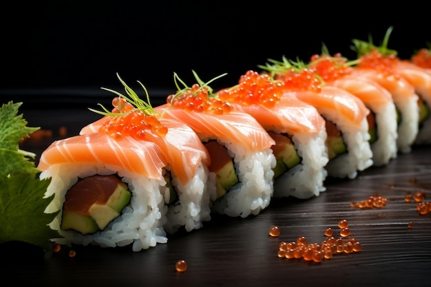 Um rolo de sushi com salmão e camarão Generative Ai