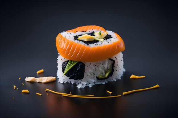 Um rolo de sushi com um salmão por cima