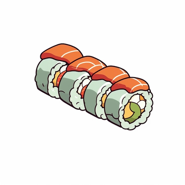 Um rolo de sushi de desenho animado com salmão e abacate.