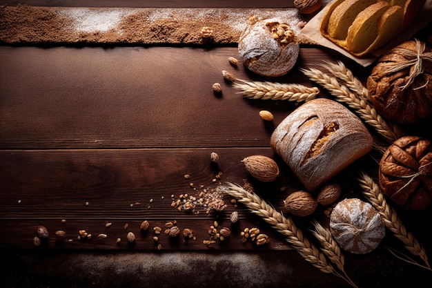 Um rolo grosso ou baguete francesa com trigo e farinha em um quadro-negro colorido Cozinha rural ou padaria com um espaço de texto livre ao fundoxAxA