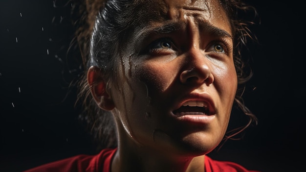 Um rosto de atleta mulher com uma expressão cansada e transpirar