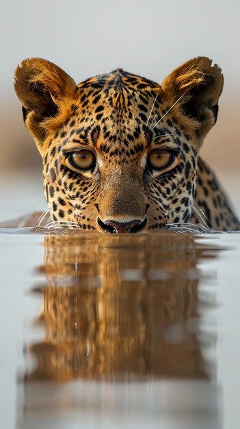Um rosto de leopardo na água fotografia de vida selvagem ai generative