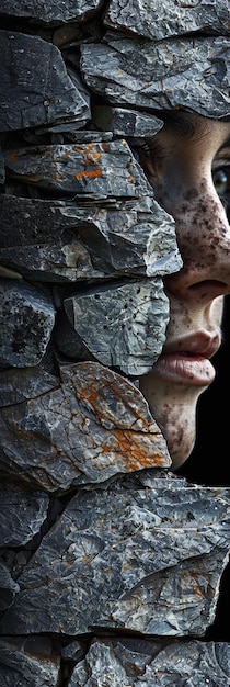 Foto um rosto de mulher com uma pedra em primeiro plano e uma pedra em segundo plano