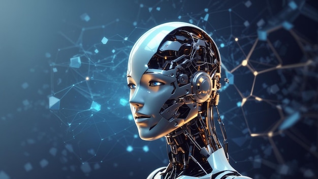 Um rosto de robô de inteligência artificial futurista em fundo científico com design abstrato