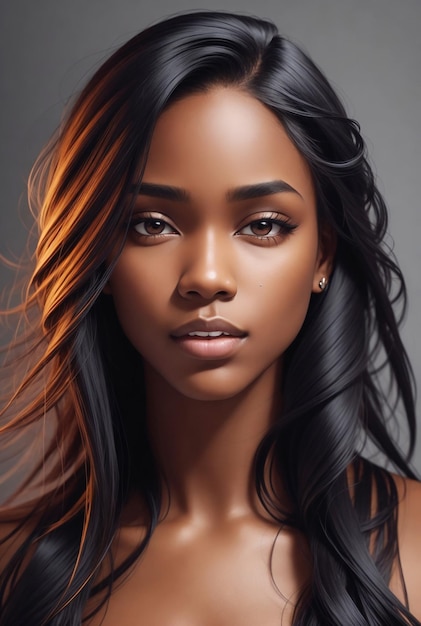 Um rosto de uma mulher de pele negra com cabelos longos em cores diferentes
