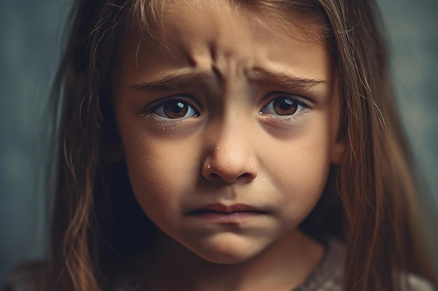 Um rosto humano sério com uma lágrima Uma criança triste a chorar