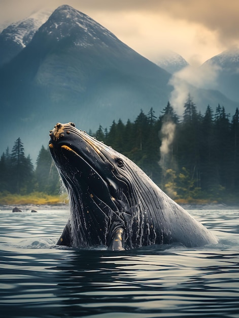Um rosto majestoso de baleia jubarte emergindo da água Agai Ilustração hiper-realista Arte fotográfica