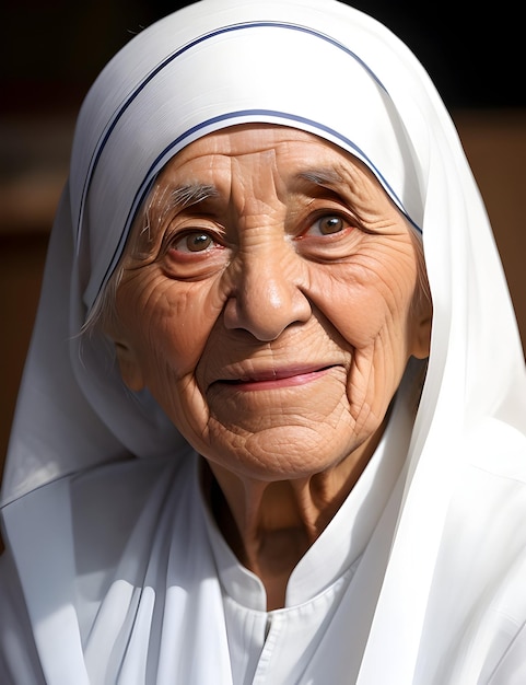 Um rosto real de madre teresa com sari branco gerado por ia