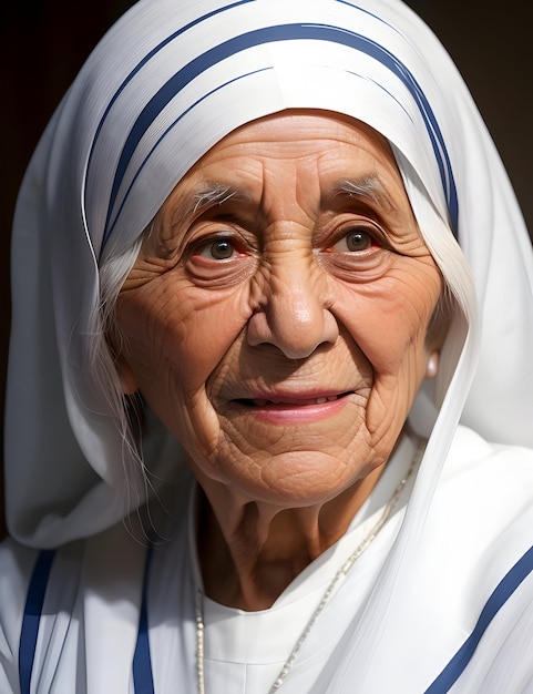 Foto um rosto real de madre teresa com sari branco gerado por ia