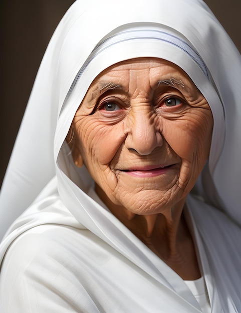 Um rosto real de madre teresa com sari branco gerado por ia