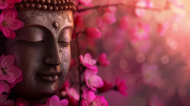 Foto um rosto sereno de uma estátua de buda parcialmente velado por flores cor-de-rosa suaves evocando uma sensação de paz e paz.