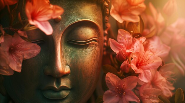 Foto um rosto sereno de uma estátua de buda parcialmente velado por flores cor-de-rosa suaves evocando uma sensação de paz e paz.