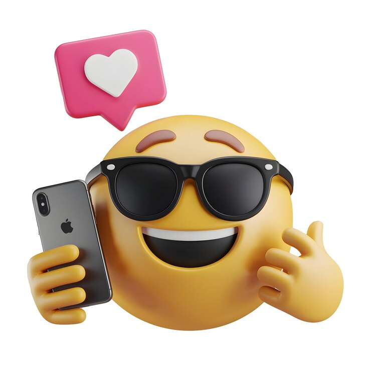Foto um rosto sorridente com óculos de sol e um telefone com um coração nele