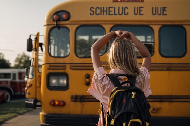 Foto um rosto sorridente de uma menina de pé na frente do ônibus escolar