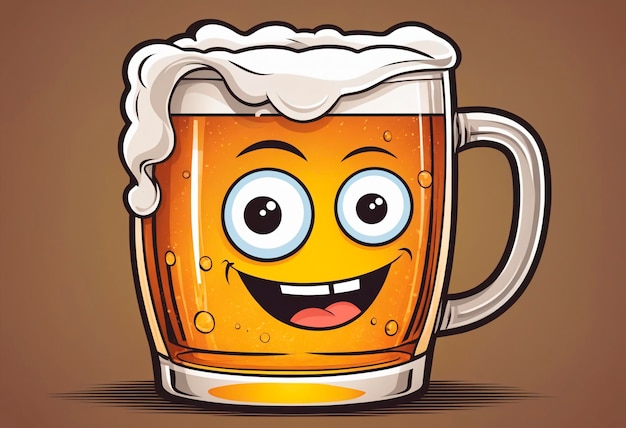 Um rosto sorridente, uma caneca de cerveja com uma cabeça espumosa.