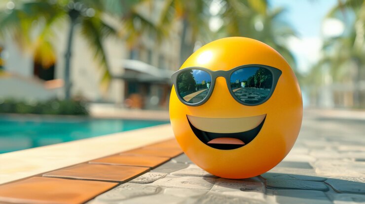 Foto um rosto sorridente usando óculos de sol relaxa junto à piscina em um dia ensolarado