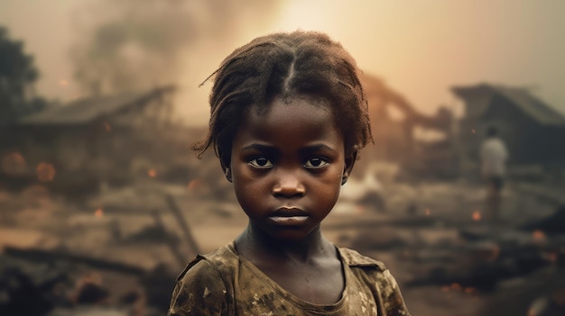 Um rosto triste de uma garotinha africana em frente a uma área de edifícios em colapso, desastre natural ou vítima de guerra, bela Generative AI AIG32